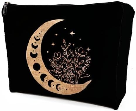 Boho Floral Celestial Crescent Moon Phase Makeup Bag, Mystical Crescent Moon Linen Makeup Travel Toiletry Bag, Abstract Floral Moon Cosmetic Bag Gifts For Girls Women Daughter Sister