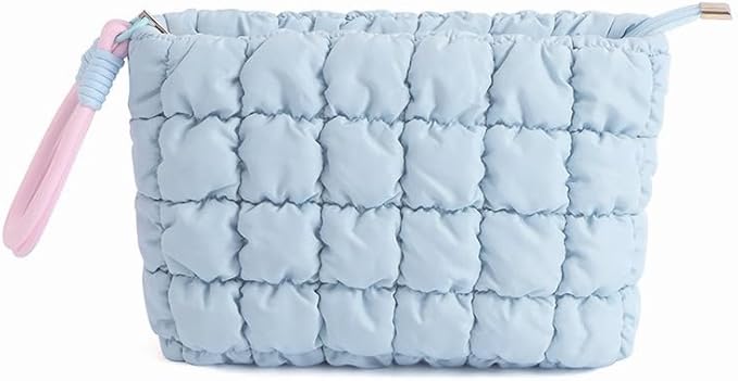 DOB SECHS Puffer Quilted Makeup Bag with Handle Detachable Cute Puffy Cotton Cosmetic Bag, Small Toiletry Zipper Make Up Pouch Purse, Checkered Storage Organizer Clutch Bag, Travel Pouches Case, Blue