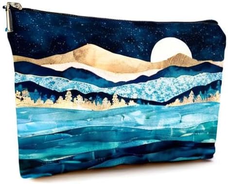 Cute Makeup Bag for Purse Canvas Waterproof Funny Cosmetic Bags for Women Zipper Travel Toiletry Pouch-Mountain Moon Lake Makeup Bags
