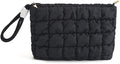 DOB SECHS Puffer Quilted Makeup Bag with Handle Detachable Women Cute Puffy Cotton Cosmetic Bag, Small Toiletry Zipper Make Up Pouch Purse, Checkered Storage Organizer Clutch Bag Travel Case, Black