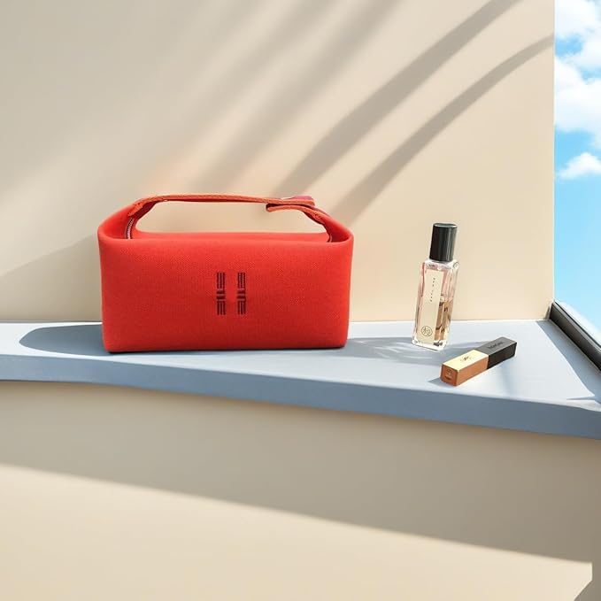 Fashion Makeup Bag for Women, Orange Red Canvas Make up Travel Bag, Hanging Cosmetic Bag Organizer for Wome
