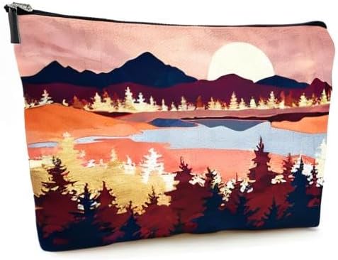 Cute Makeup Bag for Purse Canvas Waterproof Funny Cosmetic Bags for Women Zipper Travel Toiletry Pouch-Mountain Makeup Bags-Red