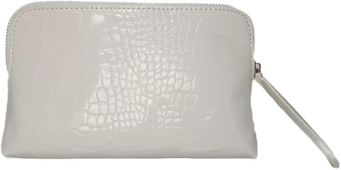 Snow Royale Crocodile Cosmetic Bag - Luxury White Vegan Leather Makeup Bag With Royal Blue Interior Lining