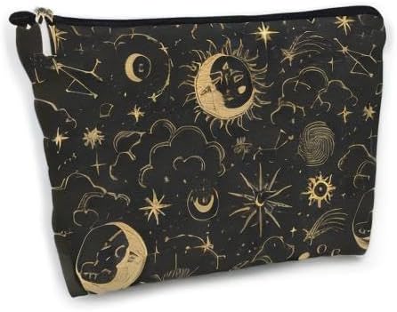 huester Black Golden Sun and Moon Star Witchy Makeup Bag, Moon Make Up Bag, Tarot Cosmetics Bag, Cosmetic Bags Travel Makeup Pouch Astrology Witchy Gifts for Purse Women Girls Sister Mom