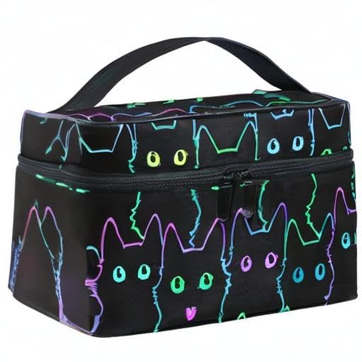Cosmetic Bag Colorful Neon Cat Travel Makeup Organizer Bag Portable Train Case for Women Girls