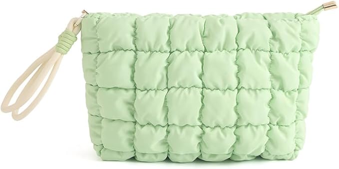 DOB SECHS Puffer Quilted Makeup Bag with Handle Detachable Cute Puffy Cotton Cosmetic Bag for Women, Small Toiletry Zipper Make Up Pouch, Checkered Quilt Clutch Bag Travel Storage Pouches Case, Green