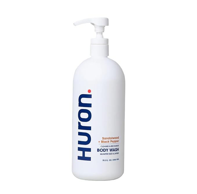 Huron Men’s Moisturizing Body Wash - Clean & Woody Scent of Sandalwood, Black Pepper, Cedarwood, & Amber - Made With Coconut Oil, Vitamin E & Witch Hazel - Vegan, Cruelty-Free - 30.3 fl oz