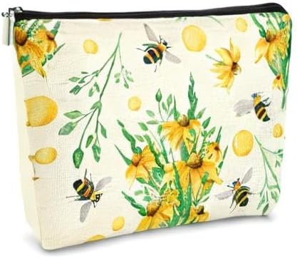 Bee Summer Cottagecore Yellow Flowers Daisy Makeup Bag Cosmetic Bag Zipper Travel Toiletry Bag, Best Gift Idea for Teen Girls Women,Birthday Christmas Gifts for Girls Women Daughter Sister