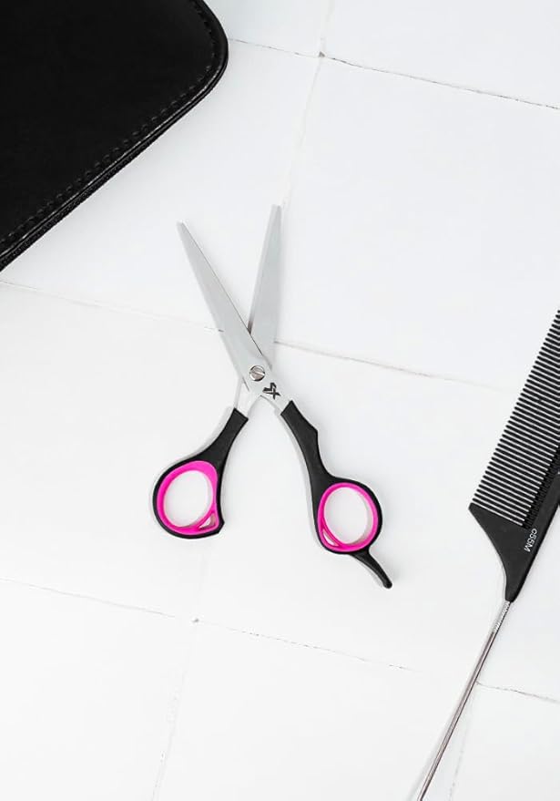 Cricket Style Xpress La-Di-Da Hair Cutting Scissors - Sharp Micro-Serrated Beveled Blades, Stainless Steel Shears Hair Scissors - Wet & Dry Use, Barber Accessories - 5.75", Pink and Black