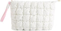 DOB SECHS Puffer Quilted Makeup Bag with Handle Detachable Cute Puffy Cotton Cosmetic Bag for Women, Small Toiletry Zipper Make Up Pouch, Checkered Quilt Clutch Bag Travel Storage Pouches Case, White