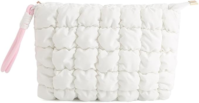 DOB SECHS Puffer Quilted Makeup Bag with Handle Detachable Cute Puffy Cotton Cosmetic Bag for Women, Small Toiletry Zipper Make Up Pouch, Checkered Quilt Clutch Bag Travel Storage Pouches Case, White