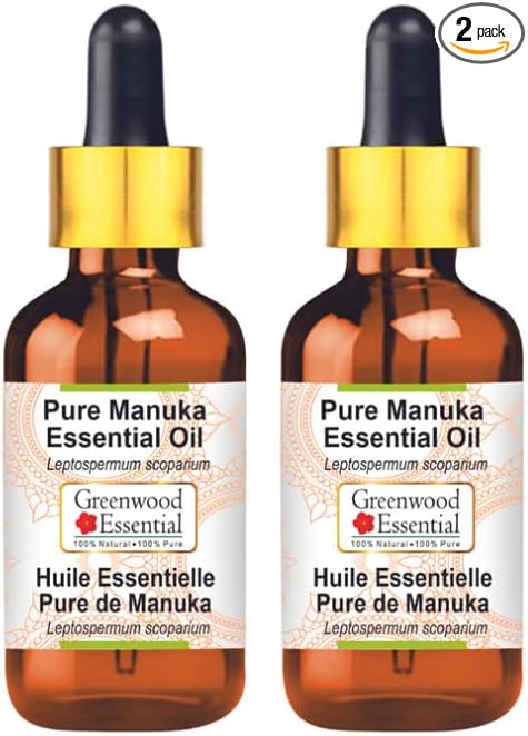 Greenwood Essential Pure Manuka Essential Oil (Leptospermum scoparium) with Two Glass Droppers Steam Distilled (Pack of Two) 5ml X 2 (0.33 oz)