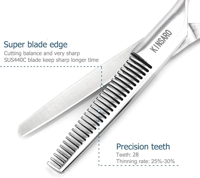5.5" Hair Thinning Scissors Barber Scissors Professional Sharp Hairdresser Hair Thinning Shears 28 Teeth 440C Silvery Convex Edge Blade Blind Hole KINSARO for Hairdresser Barber or Home Use