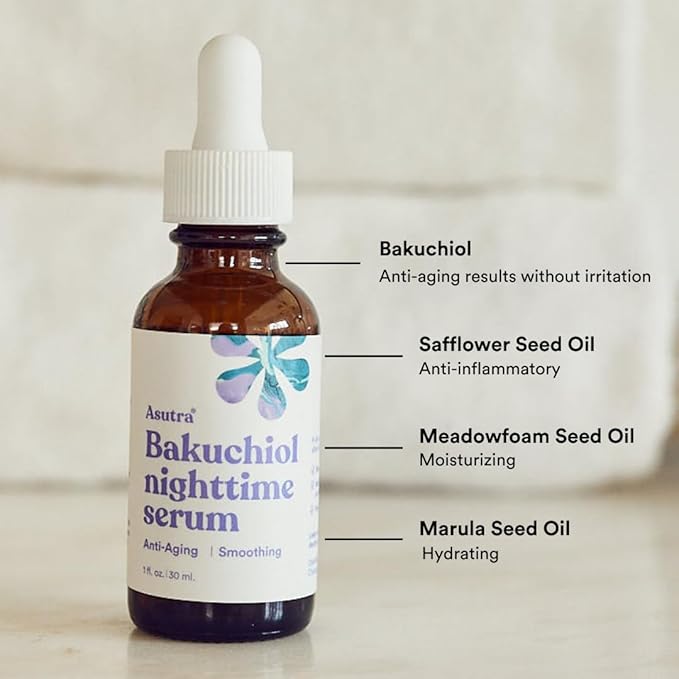 ASUTRA Bakuchiol Nighttime Serum, 1 fl oz - Skin Smoothing Retinol Alternative, Nourish and Hydrate Skin, Gentle Face Serum