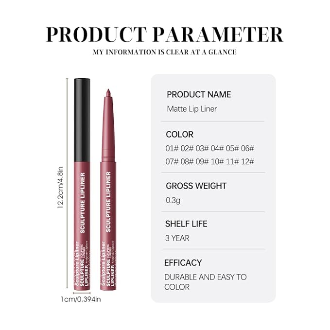 12 Colors Matte Lip Liner Pencil – Long Lasting Waterproof Lip Liner, Smudge Proof Transfer Proof Lip Pencil, High Pigment Lip Makeup for Defining & Filling Lips (06#, 1PCS)