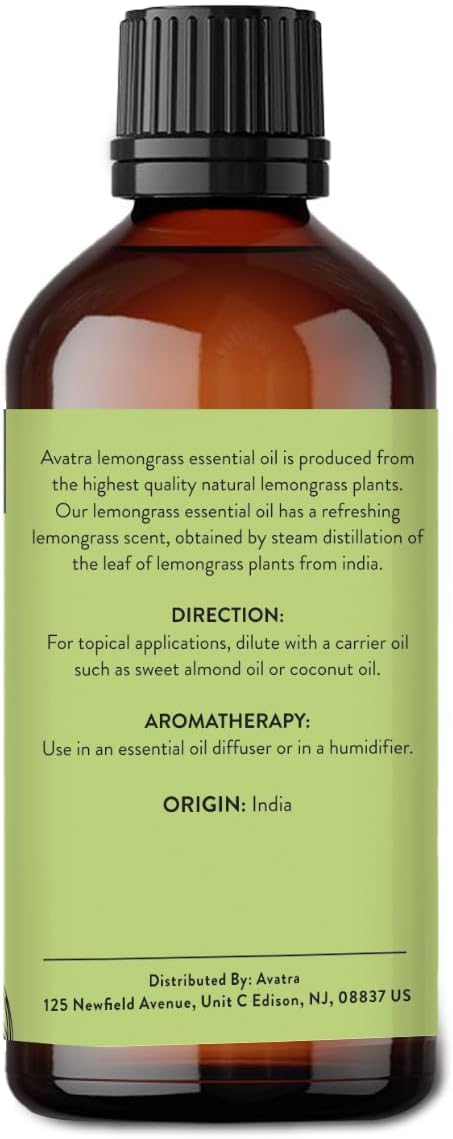 Avatra Lemongrass Essential Oil 100ML (3.38 OZ) with Glass Dropper and Travel Bottle, Pure and Natural Therapeutic Grade Lemongrass Oil for Diffuser, Aromatherapy, Massage, and DIY Candle Products