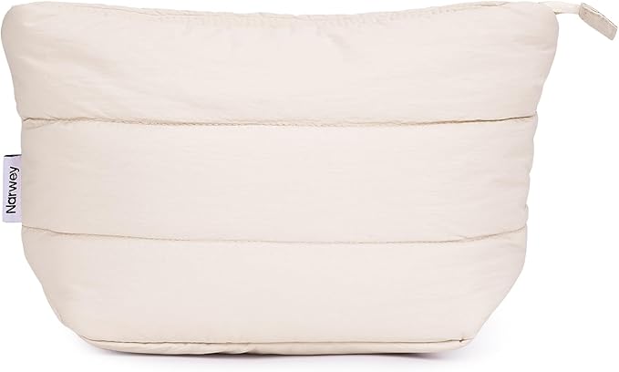 Narwey Small Makeup Bag for Travel Women Girl, Puffer Cosmetic Bag Makeup Pouch for Purse with Zipper, Cute Puffy Make Up Organizer Bags, Travel Toiletry Bag Toiletries (Beige)