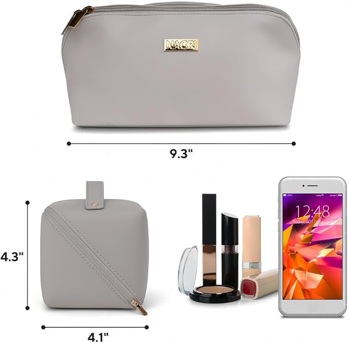 NAORI Travel Makeup Bag for Women | Large Luxury Cosmetic Organizer with Handle & Inner Pockets | Waterproof Leather Toiletry Bag | Makeup Case for Home, Travel & Gifting (Soft Grey)