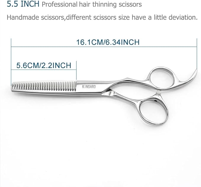 5.5" Hair Thinning Scissors Barber Scissors Professional Sharp Hairdresser Hair Thinning Shears 28 Teeth 440C Silvery Convex Edge Blade Blind Hole KINSARO for Hairdresser Barber or Home Use