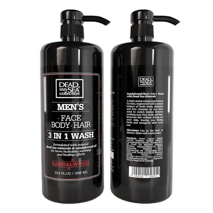 Dead Sea Collection Mens Body Wash 3 in 1 – Sandalwood Body Wash for Men – Shower Gel – Shampoo – Shower Soap for Face and Hair (33.8 Fl. Oz)