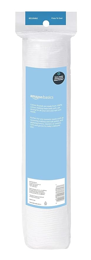 Amazon Basics Hypoallergenic 100% Cotton Rounds for Makeup Removal and Skincare, 100 Count, 1 Pack