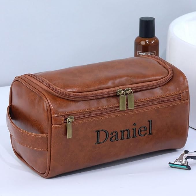 Personalized Embroidery PU Leather Travel Toiletry Bag for Men,Stylish Travel Organizer for Travel, Wedding Gift,Customized Monogram Travel Shaving Dopp Kit for Groomsmen (Brown)