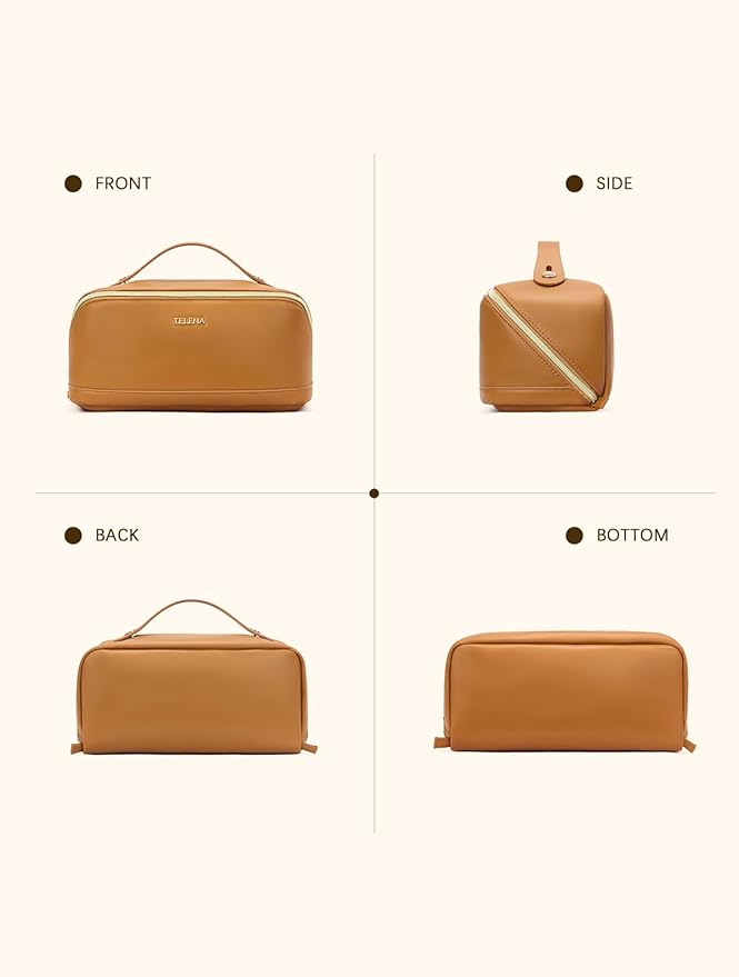 Telena Leather Make Up Bag Portable Travel Makeup Bag Waterproof Cosmetic Bags for Women Large Capacity With Handle and Divider Open Flat