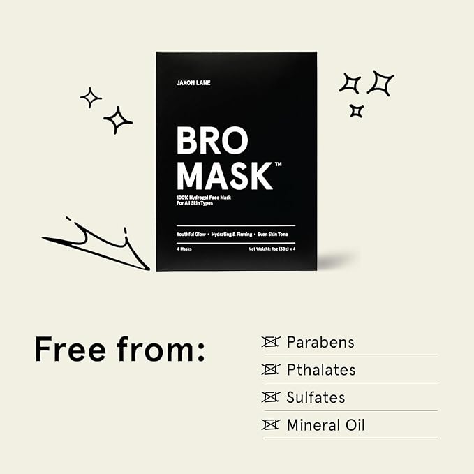 JAXON LANE BRO MASK: Korean Face Mask for Men | 2 Pc. Hydrating Anti Aging Sheet Masks Contain Vitamin C, Vitamin E, Hyaluronic Acid, Hydrolyzed Collagen for Face Care, Acne Treatment (4 X 4 Packs)