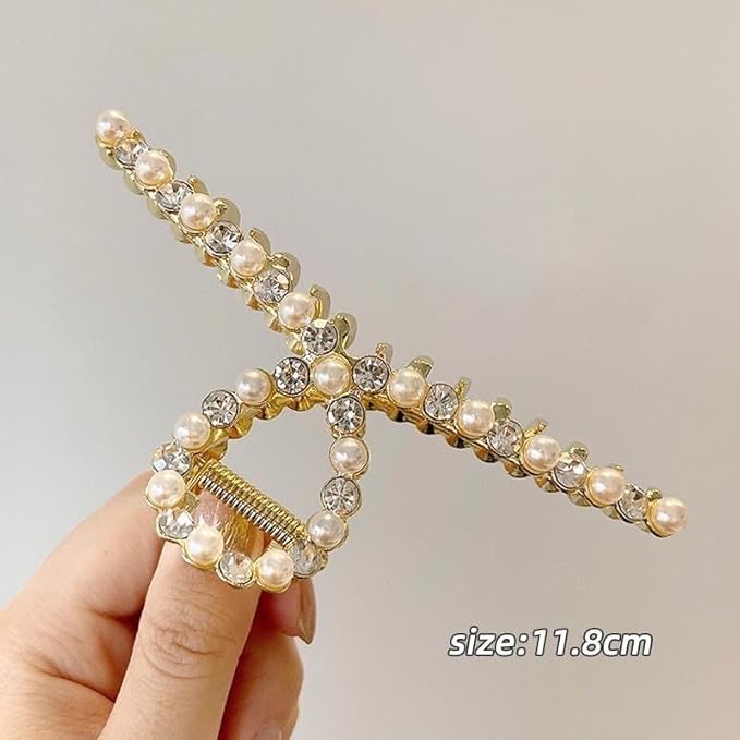 2 Pack Large Metal Hair Claw Clips with Pearls 4.3 Inch - Gold Hair Accessories for Women's Thick Hair Styling, Strong Hold, and Fashion