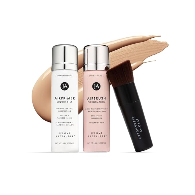 MagicMinerals AirBrush Foundation Set by Jerome Alexander – 3pc Set Includes Primer, Foundation and Kabuki Brush - Spray Makeup with Anti-aging Ingredients for Smooth Radiant Skin (Medium)