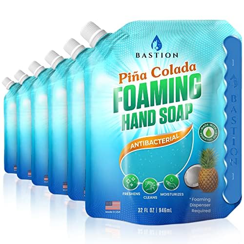 Bastion Foaming Hand Soap Refills: (6) 32oz Pouch Pina Colada Scented Antibacterial Instant-Foam Bulk Hand Wash