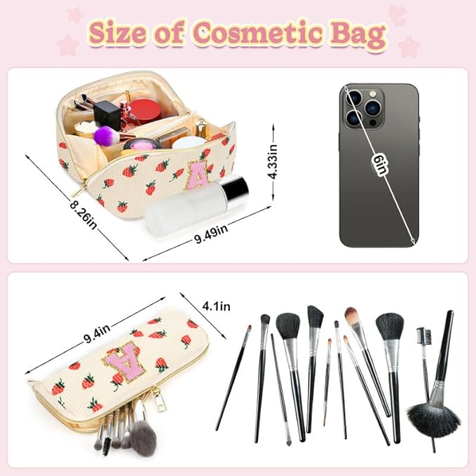 Personalized Travel Makeup Bag Set,Initial Travel Strawberry Makeup Organizer Bag,Toiletry Skincare Cosmetic Bag,Christmas Gifts for Women/Girls,Open Flat Toiletry Pouch with Brush Pocket-F