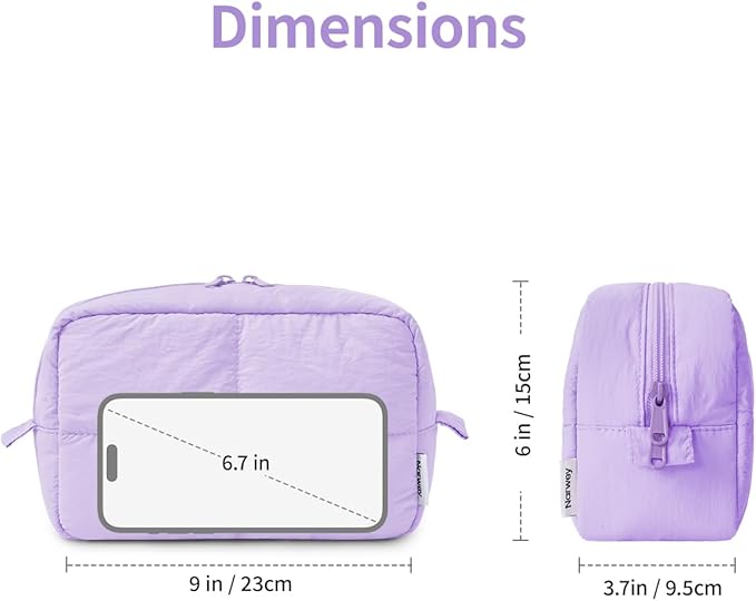 Narwey Puffy Makeup Bag for Travel Women Girl, Quilted Makeup Bag Cosmetic Bag, Cute Puffer Make Up Organizer Bags, Travel Toiletry Bag Toiletries (Purple)