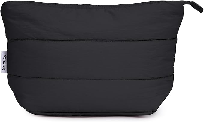 Narwey Small Makeup Bag for Travel Women Girl, Puffer Cosmetic Bag Makeup Pouch for Purse with Zipper, Cute Puffy Make Up Organizer Bags, Travel Toiletry Bag Toiletries (Black)