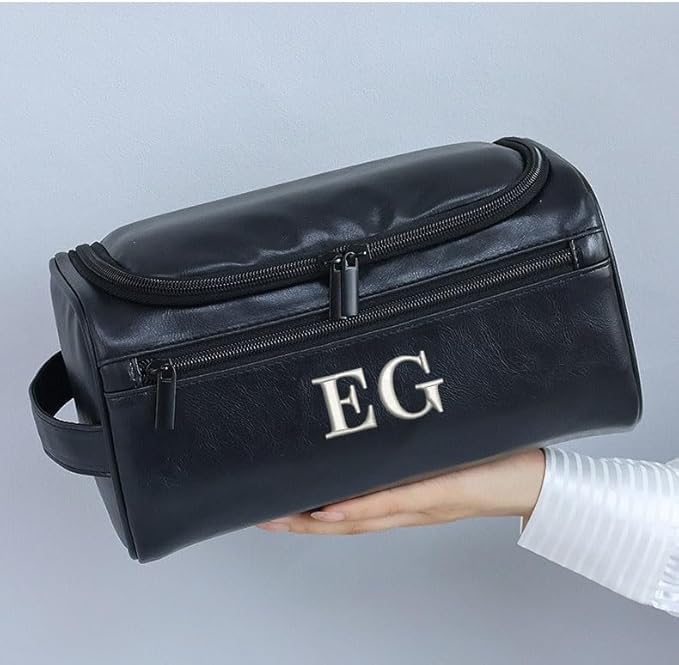 Personalized Embroidery PU Leather Travel Toiletry Bag for Men,Stylish Travel Organizer for Travel, Wedding Gift,Customized Monogram Travel Shaving Dopp Kit for Groomsmen (Black)