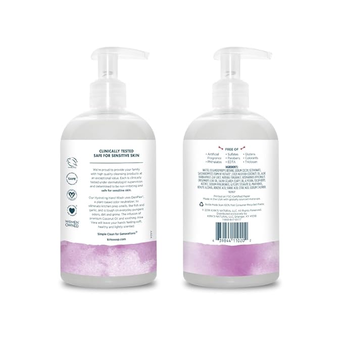 Kirk's Hydrating Hand Wash - Made with Coconut Oil and Aloe Vera, With Odor Neutralizing Technology To Help Eliminate Odors, Non-GMO, Vegan, Rosemary & Sage, 12 Fl Oz. 4 pack