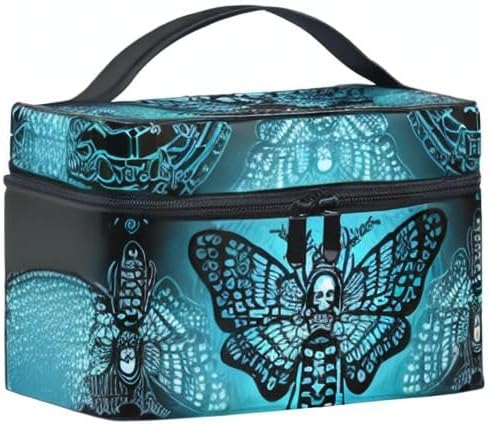 Makeup Bags, Gothic Blue Skull Moth Butterfly Makeup Organizer Bags Toiletry Bag Box Travel Cosmetic Bag Make Up Train Case for Women Teen Girl Ladies
