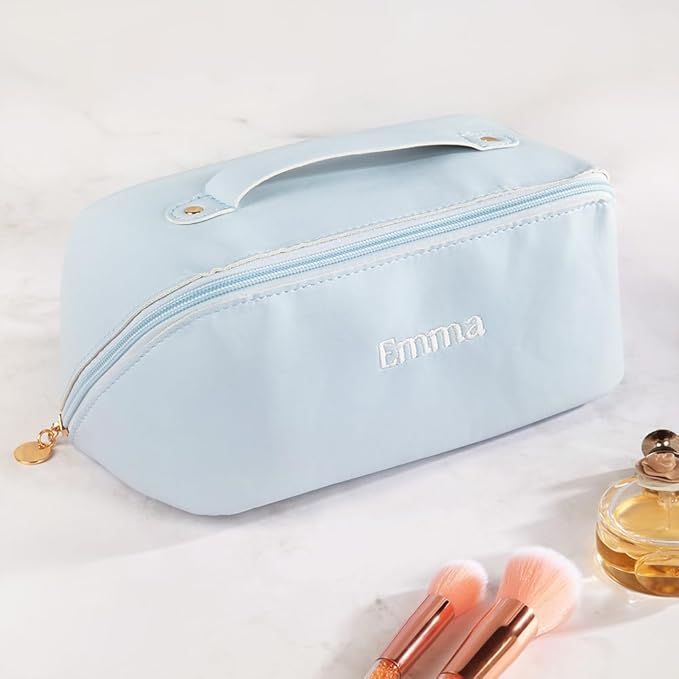 Personalized Open Flat Travel Makeup Bag with Name Real Leather Lazy Lay Flat Cosmetic Bags for Women Custom Toiletry Bag Womens Makeup Case Organizer Small Make Up Pouch for Traveling Large Capacity