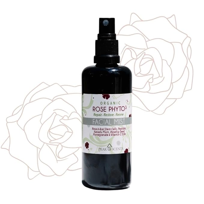Peak Scents - Organic & Vegan Rose Phyto³ Water Facial Spray - Moisturizing Face Mist & Setting Spray, Soothing, Hydrating Mist Rose Water For Face - Great for Facial Massaging (4 oz)