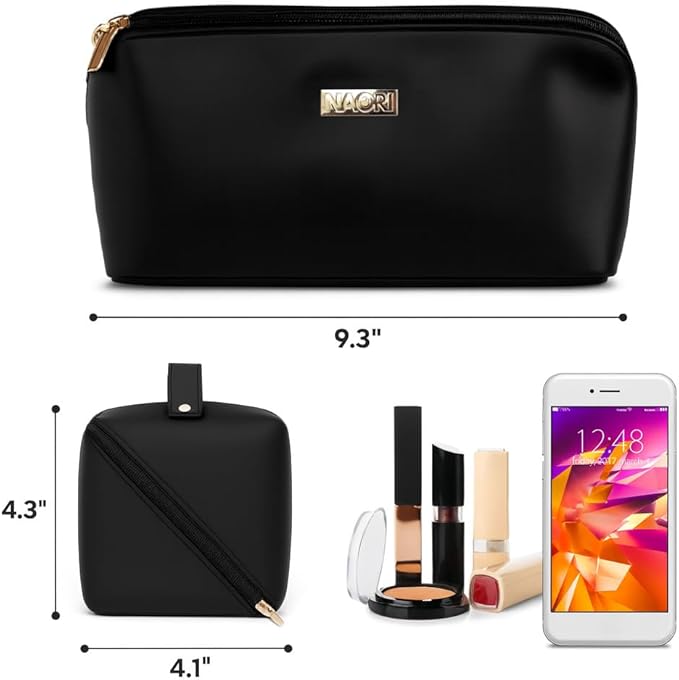 NAORI Travel Makeup Bag for Women | Large Luxury Cosmetic Organizer with Handle & Inner Pockets | Waterproof Leather Toiletry Bag | Makeup Case for Home, Travel & Gifting (Elegant Black)