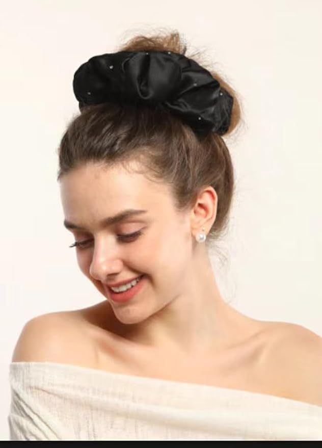 100% Mulberry Silk Scrunchies for Women Ponytail Holders – Plus Rhinestone-Embellished Design for Curly, No Damage Hair Ties for Curly, Thick, and Thin - Hair Accessories for Women (Black)