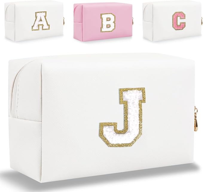 Small Personalized Letter Makeup Bag, Cute PU Leather Chenille Letters Cosmetic Bag Travel Makeup Pouch, Preppy Travel Organizer Zipper Pouch for Women&Girls（White-J）