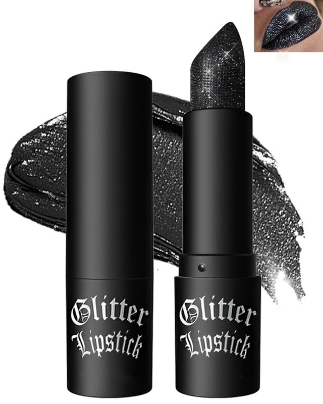 Black Diamond Glitter Matte Lipstick, Gothic Shiny Lip Gloss, Sparkling High Pigment Longlasting Waterproof Smudgeproof Non-Stick Lipstick, Bold Shimmer Lip Blam for Stage,Cosplay, Party Makeup-06