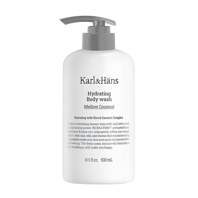 Karl&Hans Hydrating Body Wash – Refreshing Cleanser with Coconut-Derived Moisturizers, RICERA PDRN & Ceramide Complex, Pump Dispenser for Daily Ease (Mellow Coconut)