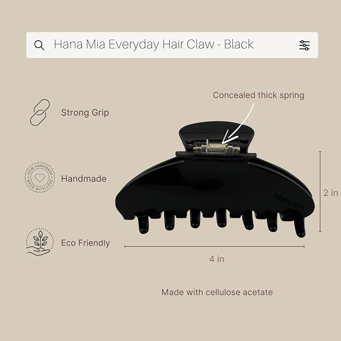 Premium Durable Acetate Hair Clip - Large Claw Clip for Thick Hair | No Slip Claw Clip | 4 Inch Hair Clip for Women (Black)