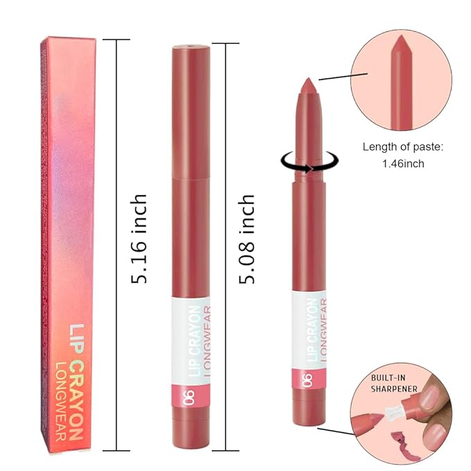 BINGBRUSH Matte Lip Crayon Set – Longwear, Waterproof, Velvet Finish, Built-in Sharpener, Smooth Lip Liner & Gloss (06#+19#, 2 Count (Pack of 1))