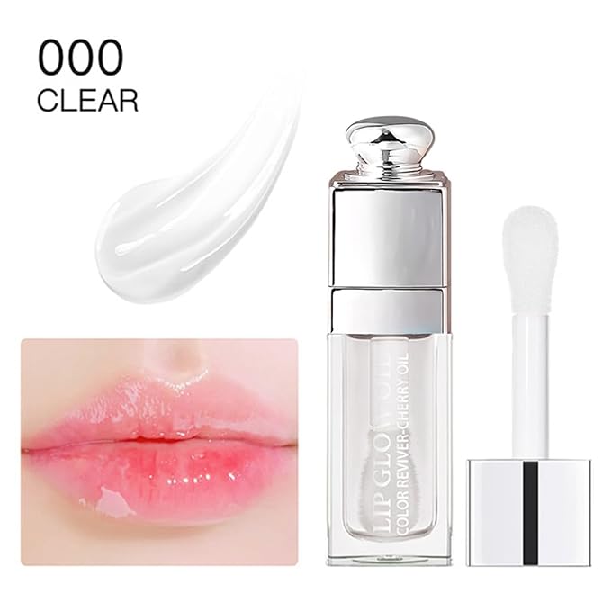 Hydrating Lip Glow Oil, Lip Oil Gloss Transparent Toot Tinted Nourishing Long Lasting Repairing Lightening Lip Lines (CLEAR) 0.2 OZ