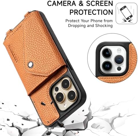 LUCKYCOIN Crossbody Wallet Phone Case for iPhone 15 Pro,100% Genuine Leather Wallet Phone Case with Expandable Flip Card Holder,Phone Purse for Women with Adjustable Removable Strap - Pebble Brown
