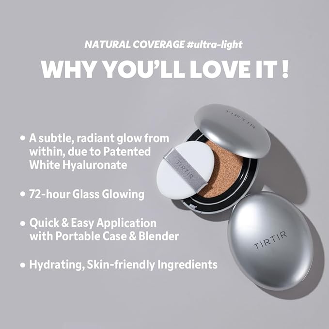TIRTIR Mask Fit Aura Silver Cushion Foundation | Semi-glow Finish, Natural Coverage, Moisturizing, Lightweight, Korean cushion foundation (#31N French Beige, Full Size, 0.63 Fl Oz)