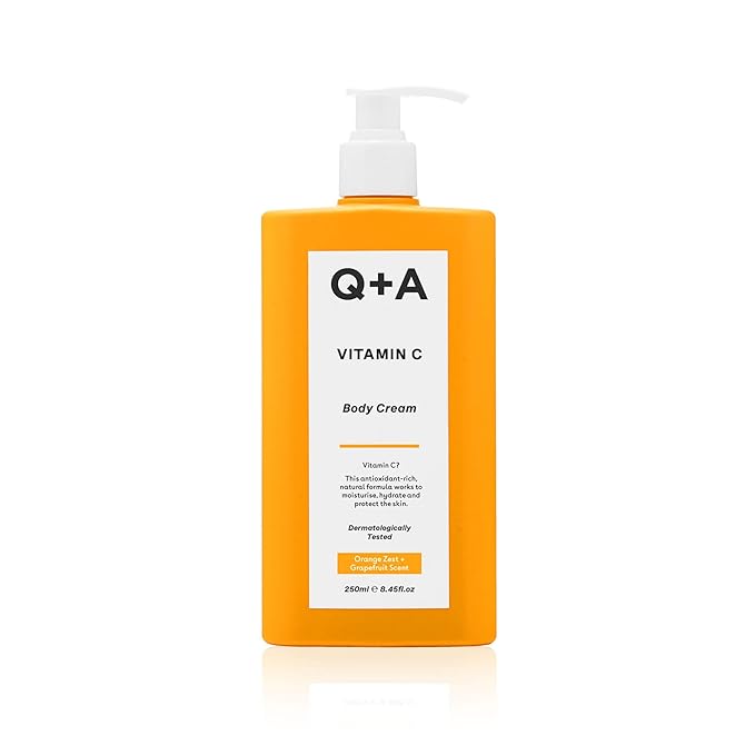 Q+A Vitamin C Body Cream (250ml), Hydrating and Brightening Body Moisturizer for Dry Skin with Shea Butter and Ginger Root Extract, Evens Skin Tone and Boosts Radiance, Natural Skincare